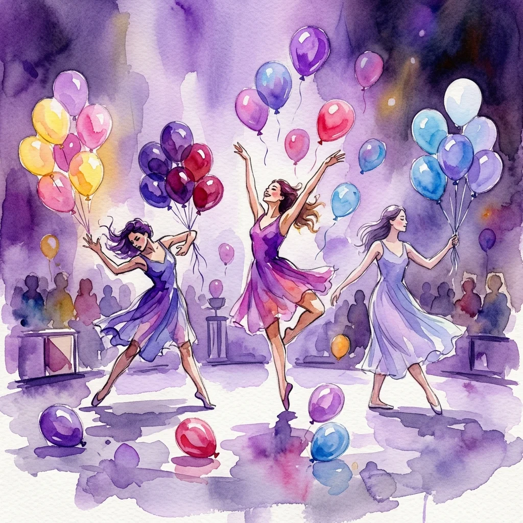 Een aquarelillustratie van drie dansers op het podium met kleurrijke ballonnen, die emoties vertegenwoordigen in de voorstelling Balballoona.
