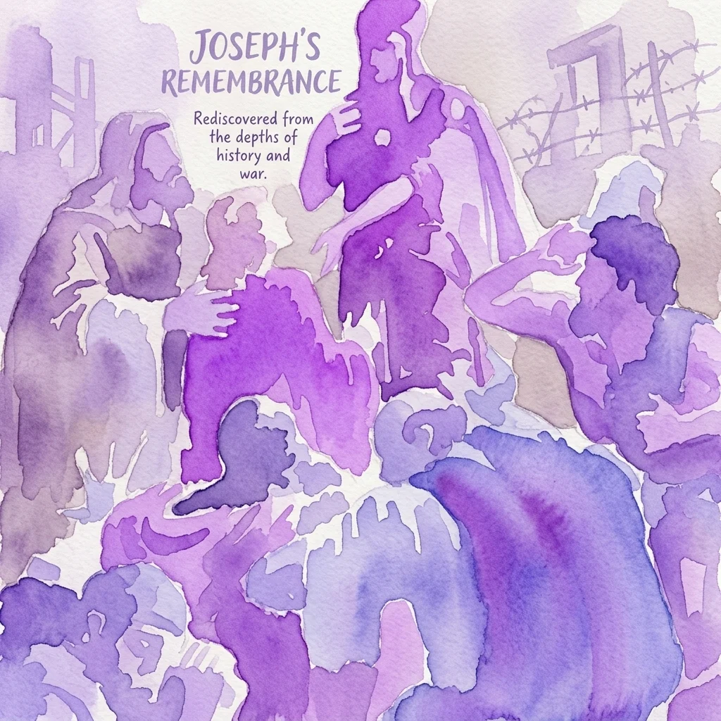 Een paars aquarel, getiteld 'Joseph's Remembrance', dat een bijbelse scène van Jozef en zijn broers afbeeldt, met tekst die vermeldt dat het herontdekt is uit de oorlogsgeschiedenis.