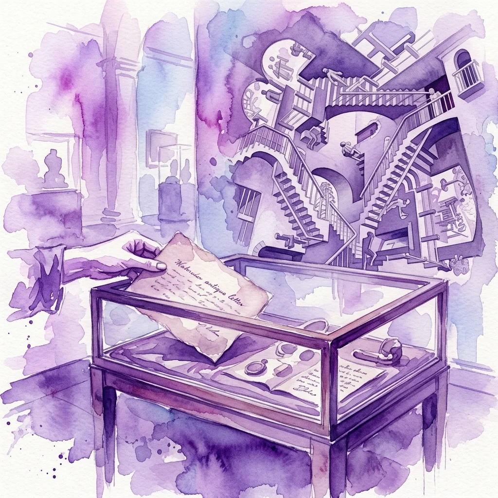 Een antieke brief die in een museumvitrine wordt geplaatst, met op de achtergrond een kunstwerk in Escher-stijl met een optische illusie, ter illustratie van een tentoonstelling over historische correspondentie.