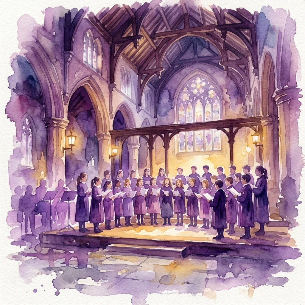 A watercolor illustration of a youth choir performing in a historic church with arched ceilings and stained glass windows, conveying a solemn musical atmosphere.