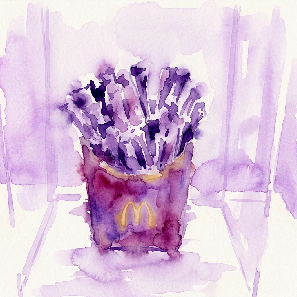 Een aquarel van een McDonald's-frietcontainer gevuld met paars gekleurde kippenbotjes, die thema's van fastfood en milieudegradatie oproept.