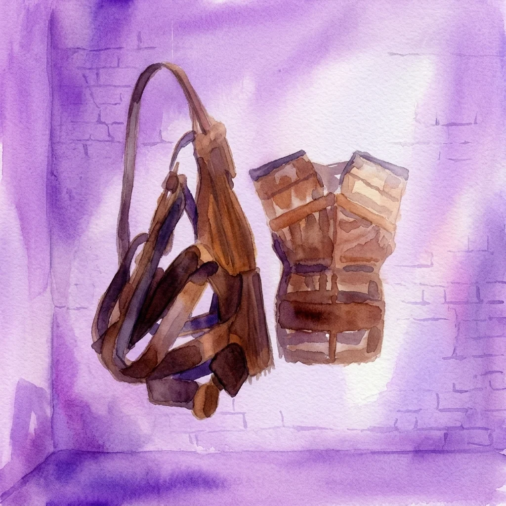 Ilustración en acuarela de torsos abstractos hechos de madera y cuero en capas, parte de la instalación 'Choub (Hout in Farsi)' de Mehdi Mashayekhi que explora la migración y la identidad.