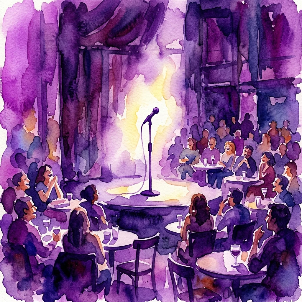 Watercolor illustration of a comedy club with a spotlight on a microphone stand, an audience seated at tables laughing, and a warm glow from the stage in a dimly lit venue.