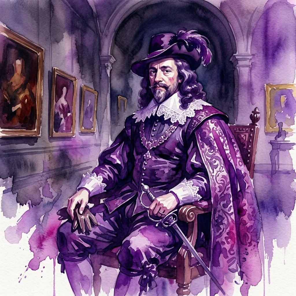 Een aquarelportret van een 17e-eeuwse heer in uitgebreide kledij, zittend in een galerij met andere schilderijen aan de muren, dat het werk vertegenwoordigt van Cornelius Jonson van Ceulen.
