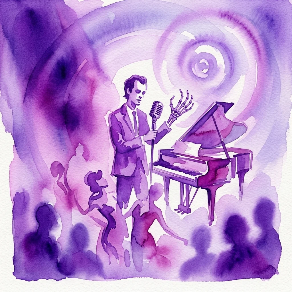 Ilustracja akwarelowa przedstawiająca wykonawcę w garniturze śpiewającego do zabytkowego mikrofonu na scenie, z fortepianem, szkieletową ręką i wirującym fioletowym tłem, ukazująca muzyczny program kabaretowy Davida Linszena „Een Striptease Van De Dood”.