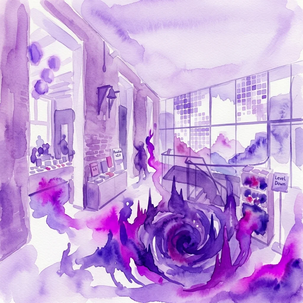 A watercolor illustration of a museum gallery with a purple and pink spiral vortex, digital displays, and a sign reading 'Level Down,' depicting a contemporary art installation inspired by Hieronymus Bosch's 'Garden of Earthly Delights.'