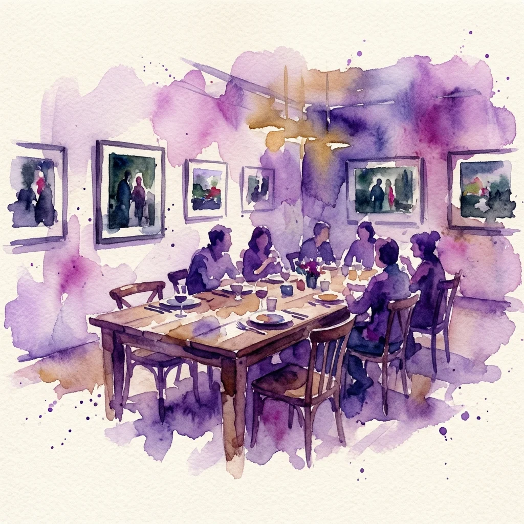 A watercolor illustration of a long wooden dining table set for a meal, surrounded by guests in an art gallery with framed photographs on the walls.