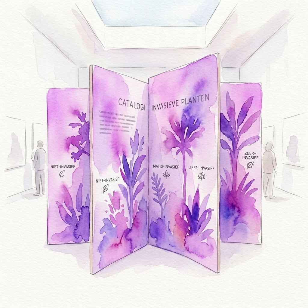 An art installation titled 'De tuin' by Mario Sergio Alvarez, featuring 27 painted wooden panels depicting plants categorized by invasiveness, displayed in a gallery space.