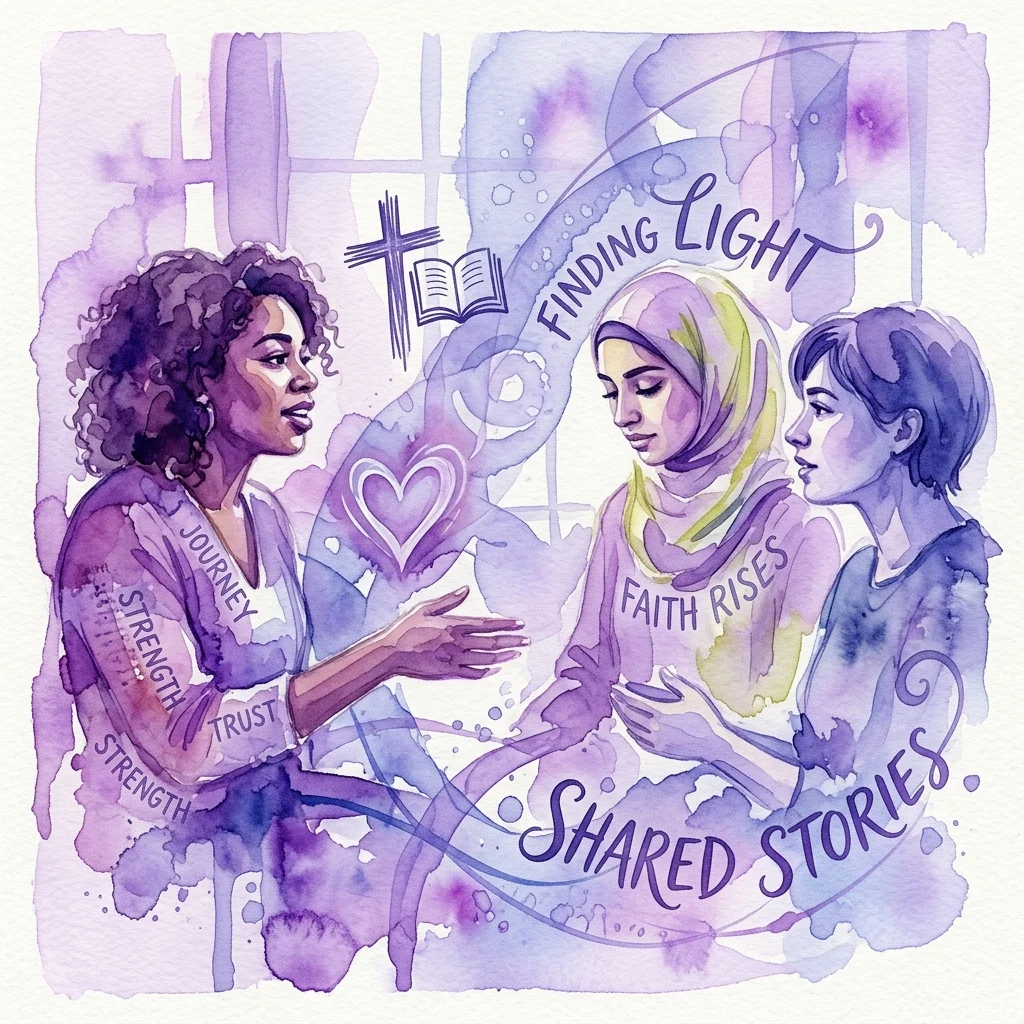 Ilustracja akwarelowa przedstawiająca trzy młode kobiety w rozmowie, z motywami wiary, siły i wspólnych historii, z krzyżem, otwartą księgą i symbolem serca, reprezentującą wystawę „Dit is mijn verhaal” w Muzeum Biblijnym.
