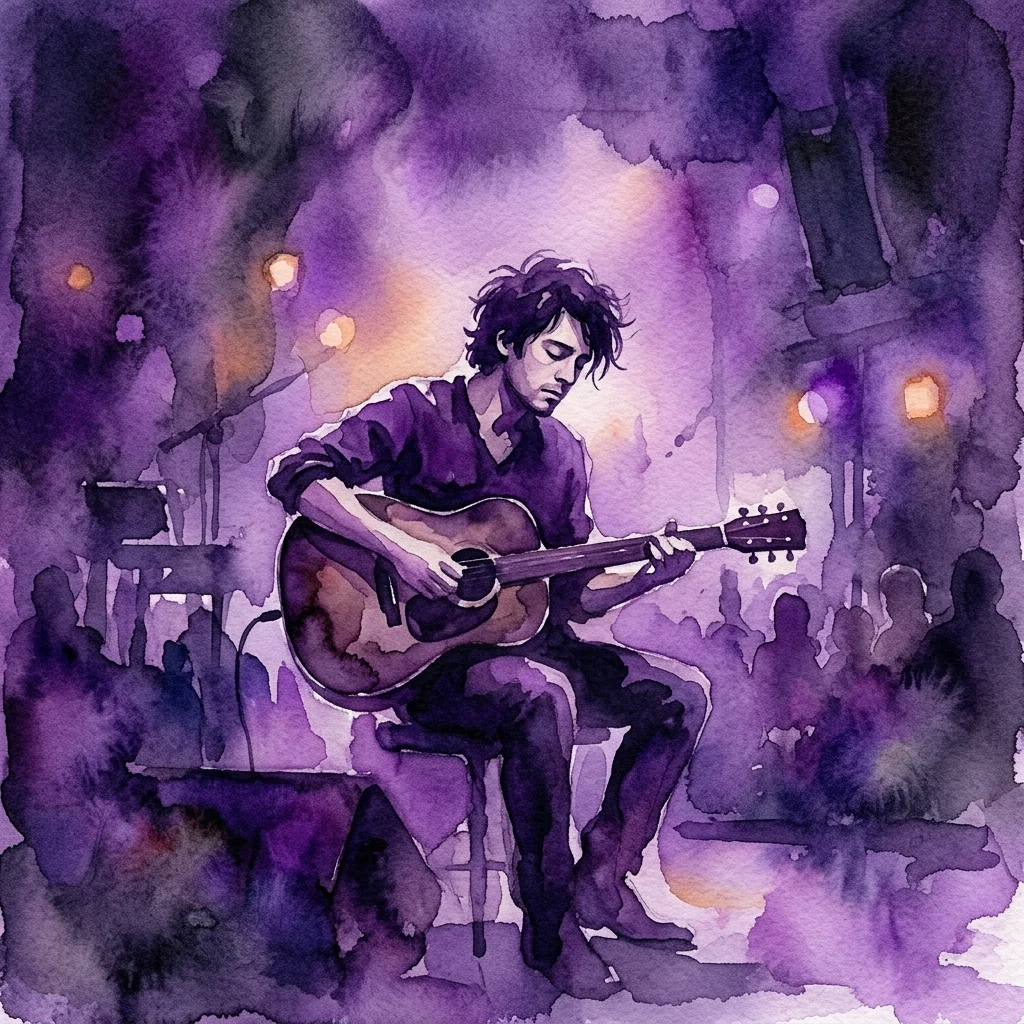 Ilustracja akwarelowa Douwe Boba grającego na gitarze akustycznej na scenie, otoczonego fioletowym oświetleniem i słabo oświetloną publicznością, co przywołuje duszny i introspektywny nastrój.