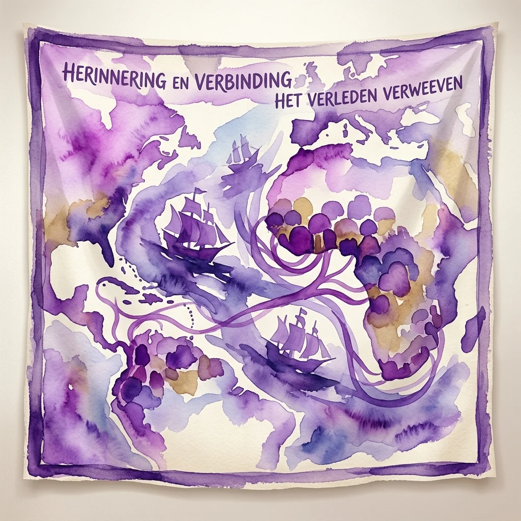 Un tapiz de acuarela morado que representa barcos, mapas y raíces, con el texto en neerlandés 'HERINNERING EN VERBINDING' y 'HET VERLEDEN VERWEEVEN', representando la exposición 'Draden van ons Nederlandse slavernijverleden Breda'.