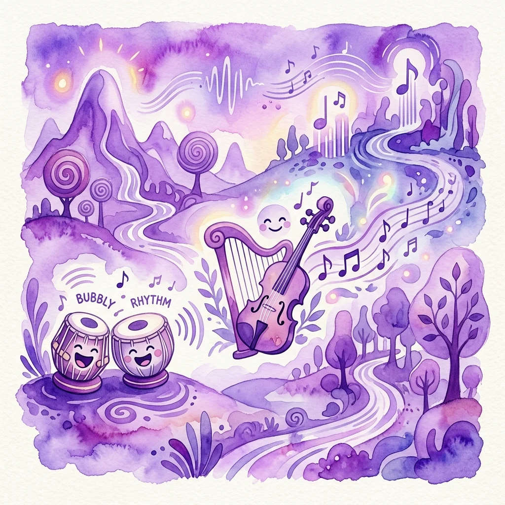 Una caprichosa ilustración púrpura de acuarela de un paisaje musical con instrumentos sonrientes como tambores tabla, un arpa y un violín, rodeados de ondas sonoras arremolinadas y notas musicales en un entorno de ensueño.