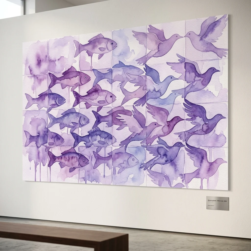 Een groot keramisch tegeltableau dat een transformatie van vissen naar vogels in paarse tinten weergeeft, geïnspireerd op M.C. Escher's 'Lucht en water I' kunstwerk, tentoongesteld in een museumgalerij.
