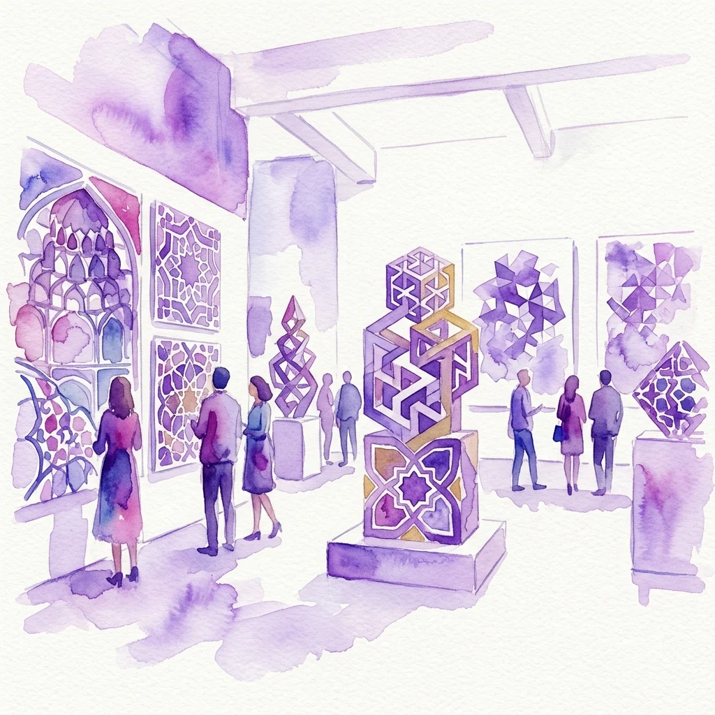 Ilustracja akwarelowa wystawy "Escher & Kultura Islamska Współczesna", przedstawiająca geometryczne rzeźby i wzorzyste dzieła sztuki inspirowane sztuką islamską, z odwiedzającymi oglądającymi ekspozycję w nowoczesnej przestrzeni galerii.