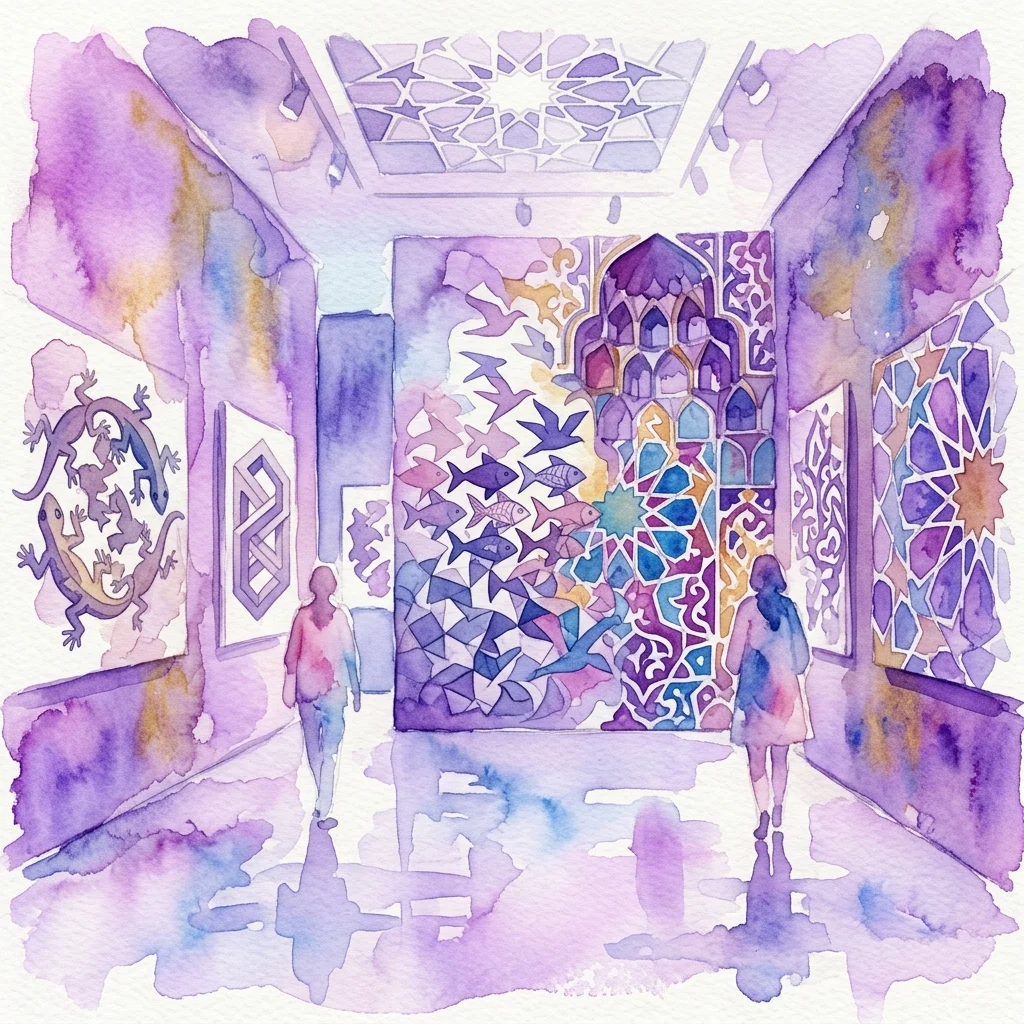 Een aquarelillustratie van een museumgalerij met M.C. Escher's tessellaties en islamitische geometrische patronen, met bezoekers die de tentoonstelling verkennen.