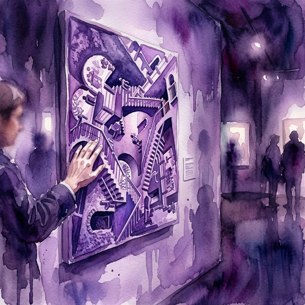 A visitor with a visual impairment touches a tactile reproduction of M.C. Escher's artwork in a dimly lit museum gallery, part of an accessible exhibition for blind and low-vision visitors.