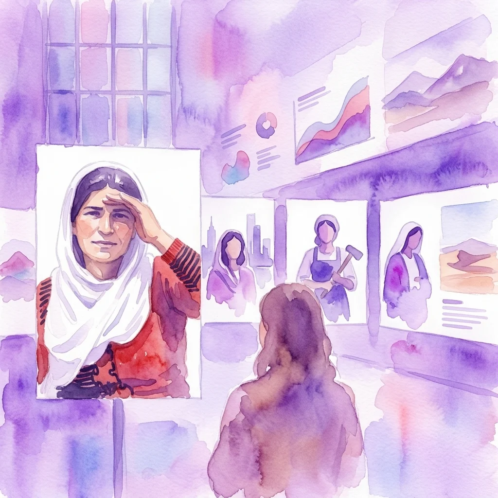 A watercolor illustration of a woman viewing a photography exhibition featuring contemporary portraits of biblical women, with infographics and landscape imagery on display.