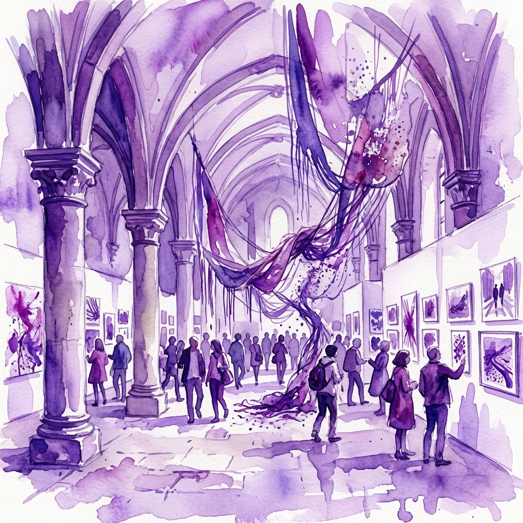 Una ilustración en acuarela de la exposición EXODUS geopend en Buitenplaats Doornburgh, que muestra a visitantes admirando obras de arte contemporáneo en un monasterio histórico con techos abovedados e instalaciones de tono púrpura.