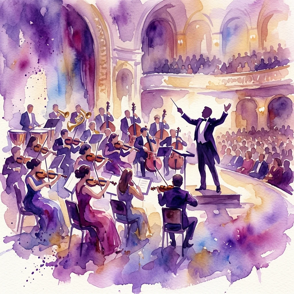 Watercolor illustration of the Flevolands Philharmonisch Orkest performing in a grand concert hall, conducted by Hans Welle, featuring Tchaikovsky's Fourth Symphony and Mussorgsky's 'A Night on the Bare Mountain'.