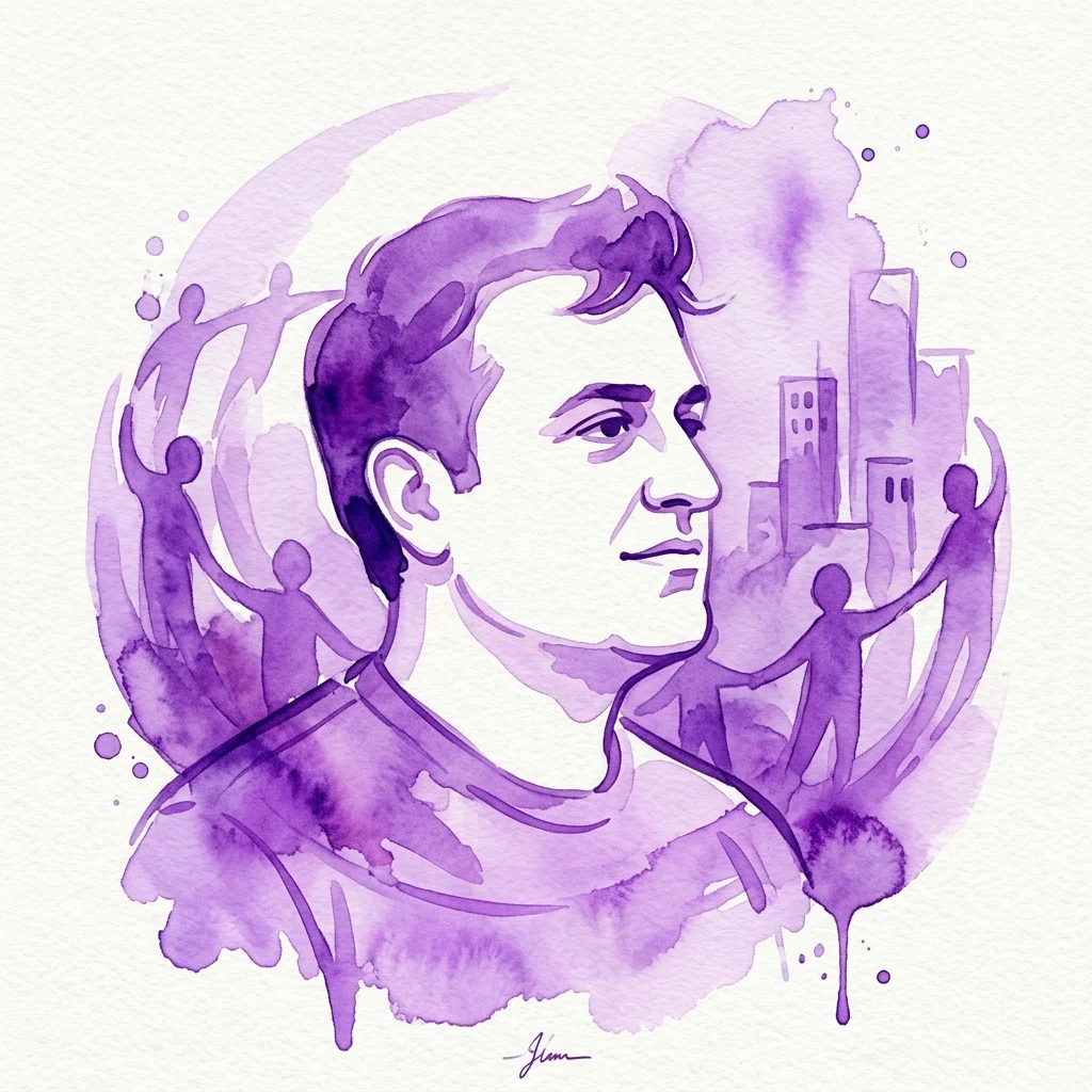 Waterverfportret van Bedel Bayrak, directeur van Stichting Bonjo, in paarse tinten met silhouetten van mensen en een stadsgezicht, symbool voor gemeenschapsondersteuning en stedelijke veerkracht.
