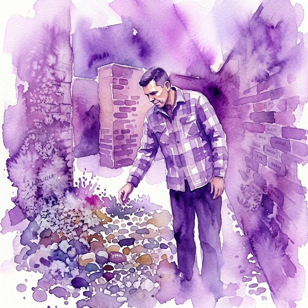 A watercolor illustration of a man in a plaid shirt tending to a memorial garden with engraved stones, reflecting dedication and remembrance.