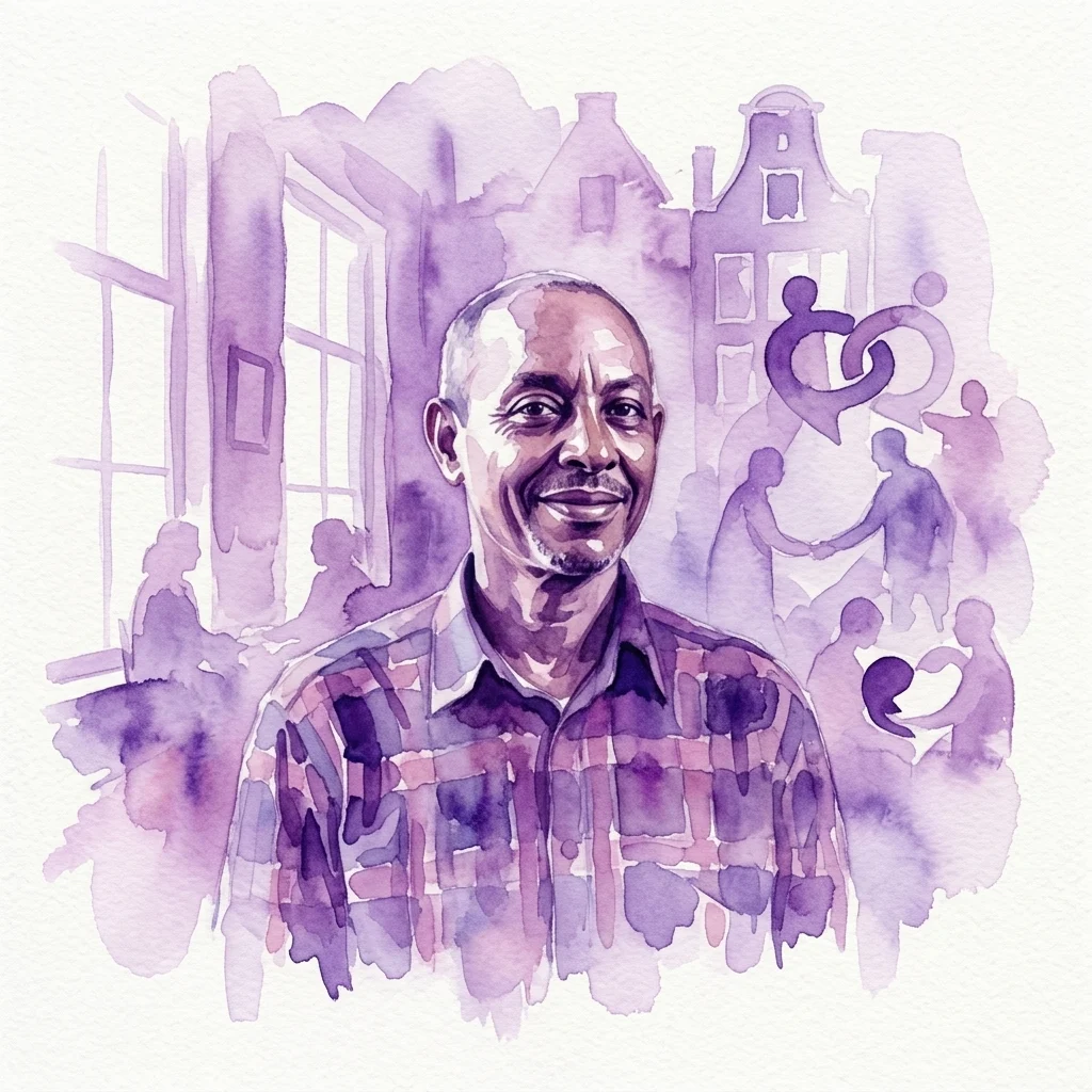 Retrato en acuarela de Solomon Desta, inquilino desde hace mucho tiempo de Corvershof y trabajador de la Organización Internacional para las Migraciones, con un telón de fondo de casas de canales holandeses y figuras de la comunidad.