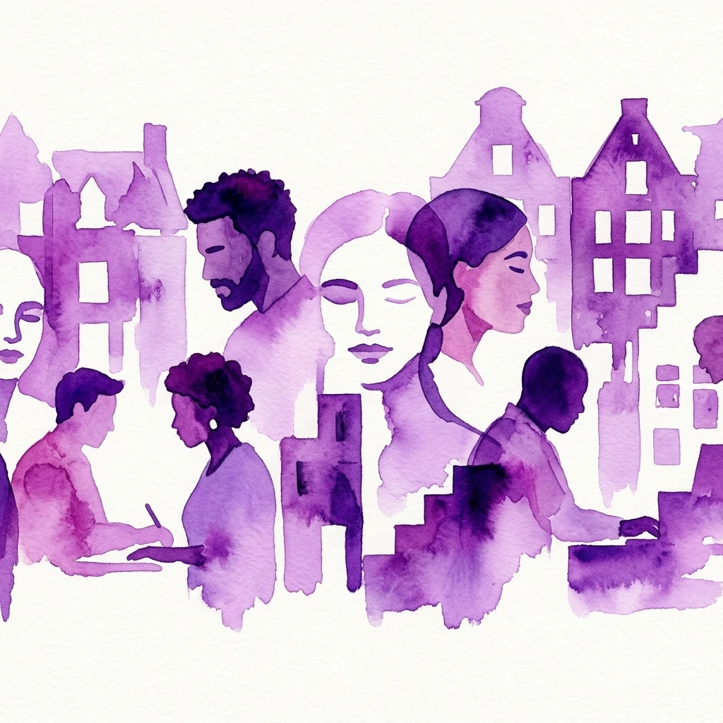 Ilustración en acuarela en tonos púrpuras que representa a diversas personas y edificios de estilo Ámsterdam, simbolizando la exposición 'Gezichten van de Amstelhoven' en el Museo Bíblico.