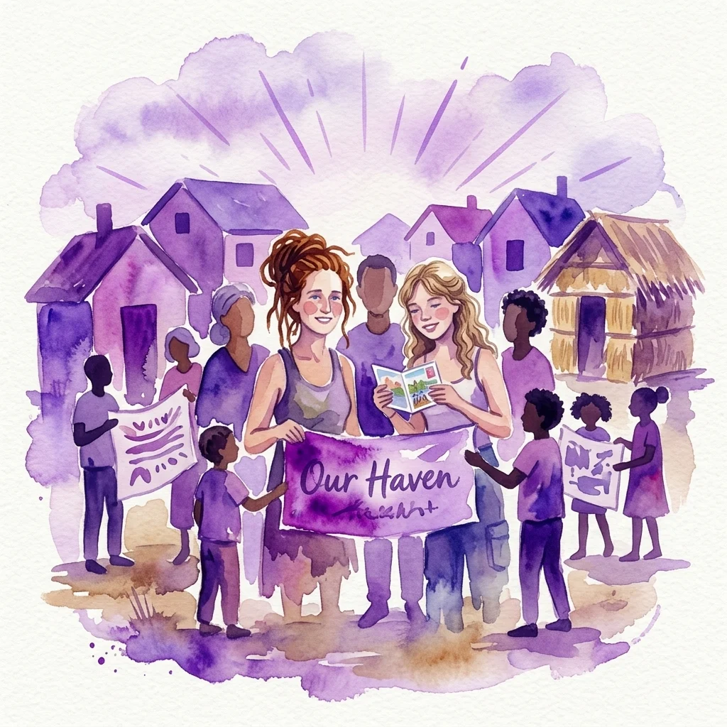 Una ilustración en acuarela de personas diversas en un entorno de aldea, sosteniendo postales pintadas y pancartas de tela, reflexionando sobre la comunidad y el hogar en la exposición 'Groeten uit Ter Apel'.
