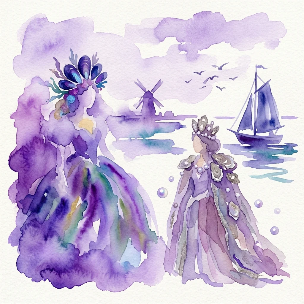 Een surrealistisch aquarel van Hans Withoos met twee fantastische figuren, een mosselprinses en een oesterkoningin, in een paars getint Nederlands landschap met een windmolen en zeilboot.