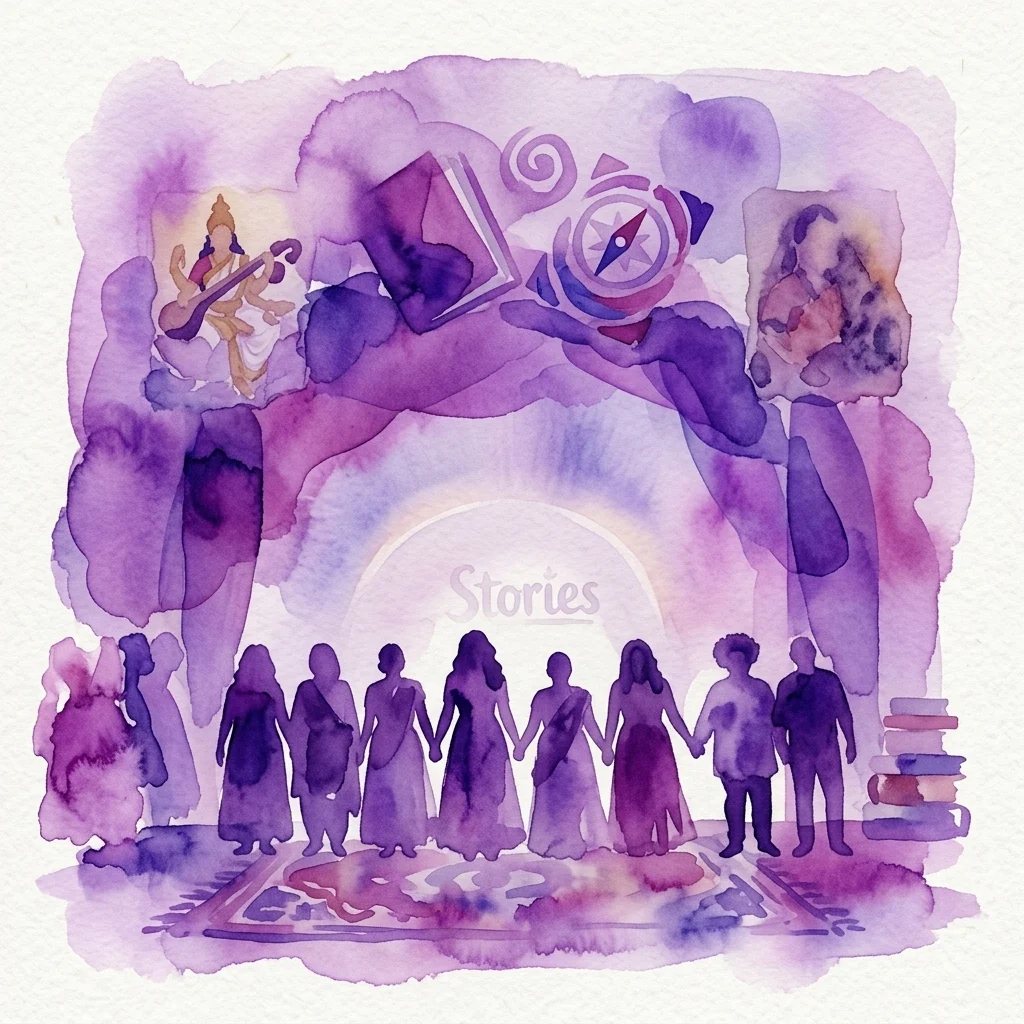 Ilustracja akwarelowa sceny teatralnej z sylwetkami kobiet trzymających się za ręce, otoczonej symbolicznymi elementami, takimi jak skrzypce, książka, kompas i hinduska bogini, reprezentująca wystawę „Her (s)tories” poświęconą migracji i wzmocnieniu pozycji kobiet.