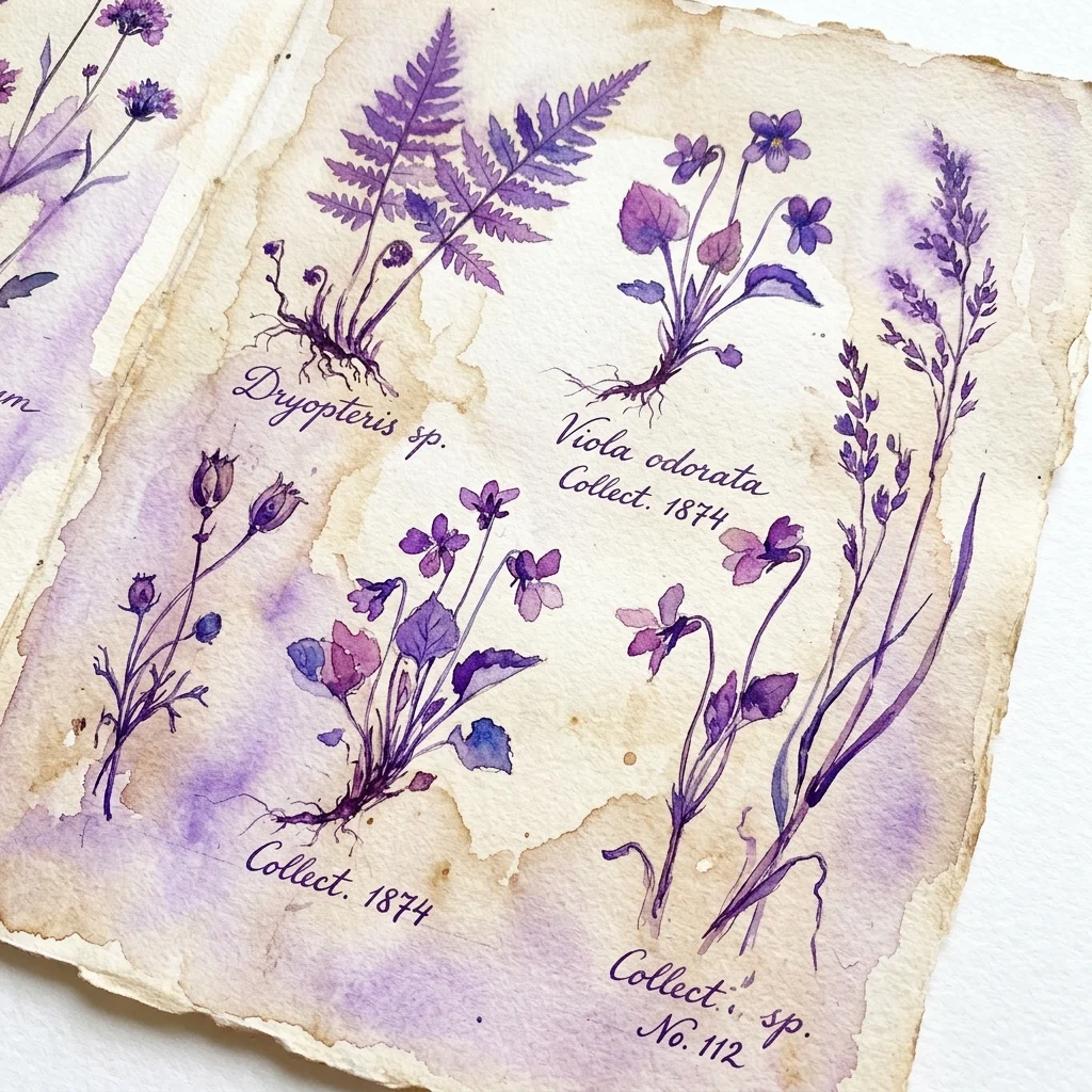 Primer plano de una página del Herbario de Zierikzee, que muestra especímenes de plantas secas que incluyen Dryopteris sp. y Viola odorata, con etiquetas manuscritas e ilustraciones en acuarela púrpura sobre papel envejecido.