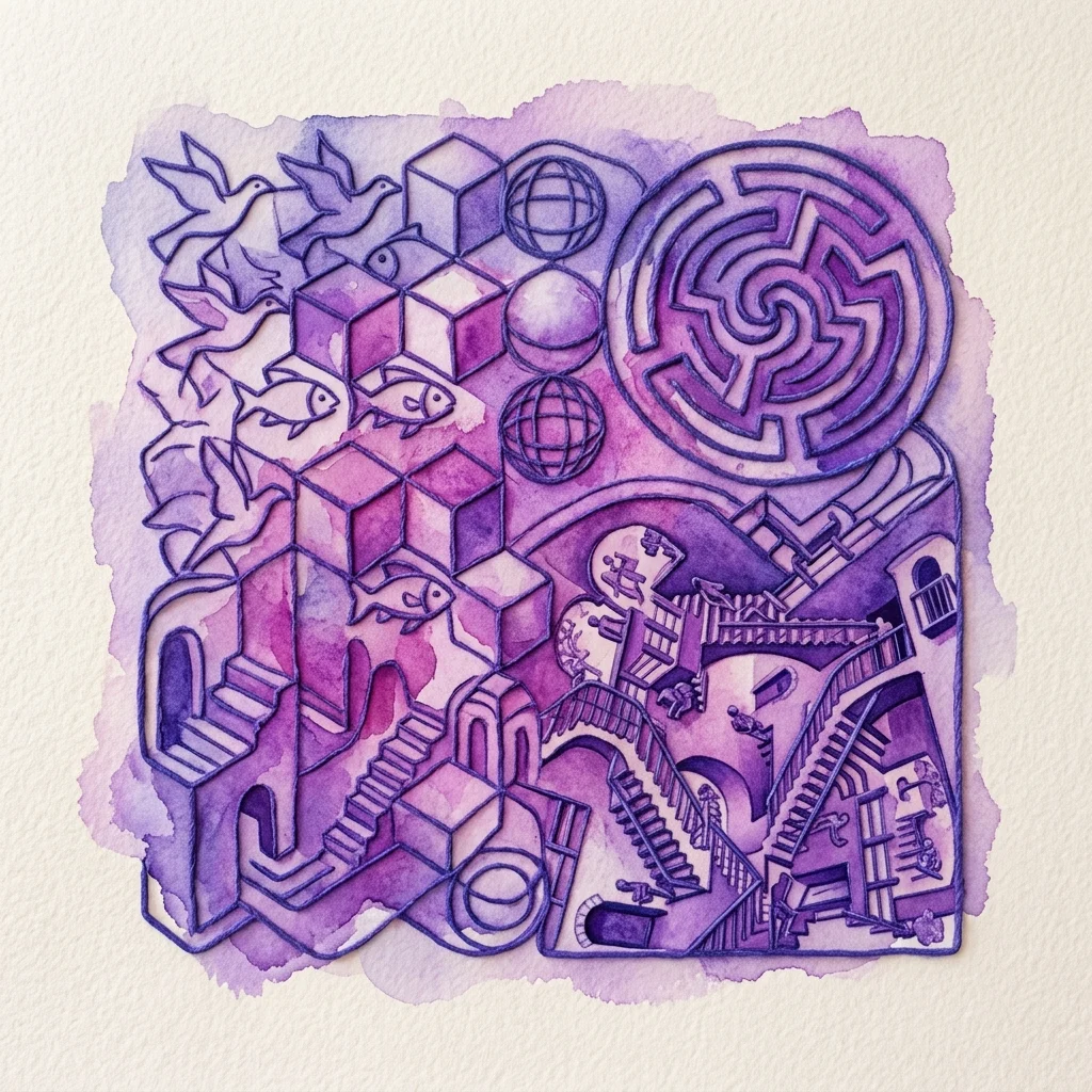 Tactile map of M.C. Escher's geometric patterns featuring stairs, cubes, birds, fish, and a maze in purple watercolor, designed for a blind and visually impaired audiotour.