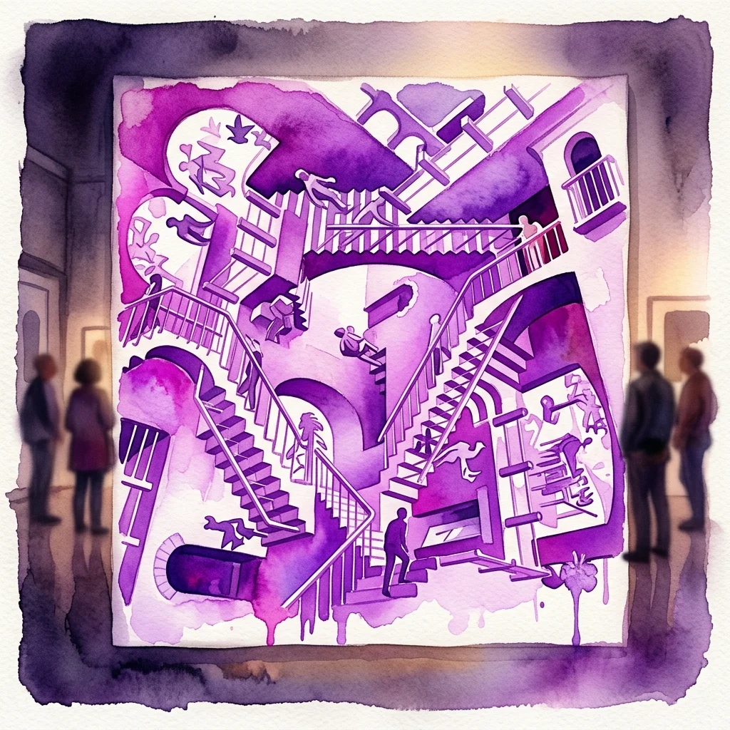 A surreal purple watercolor illustration of M.C. Escher's impossible architecture, featuring interlocking staircases and tessellations, displayed in a museum gallery with visitors observing.
