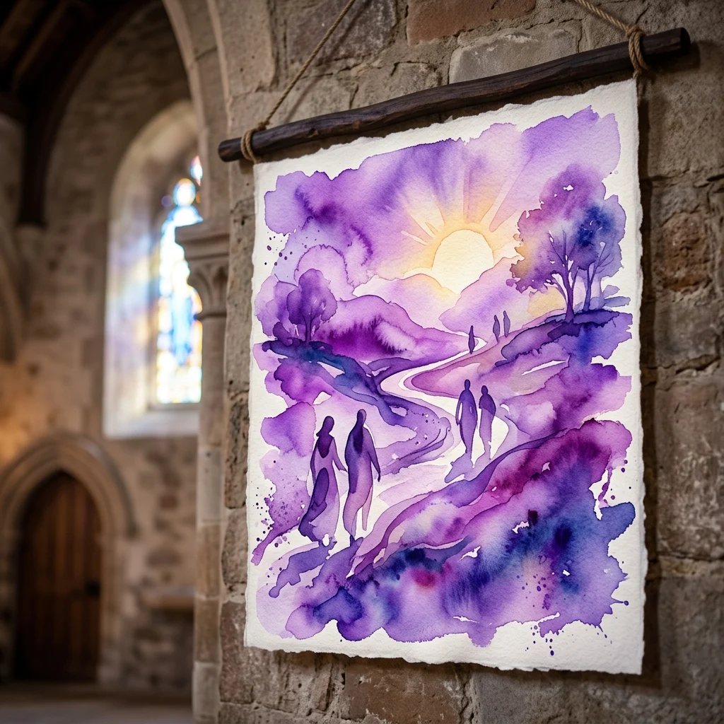 A watercolor artwork depicting a purple and yellow landscape with figures walking on a path, displayed on a stone wall in a historic church setting.