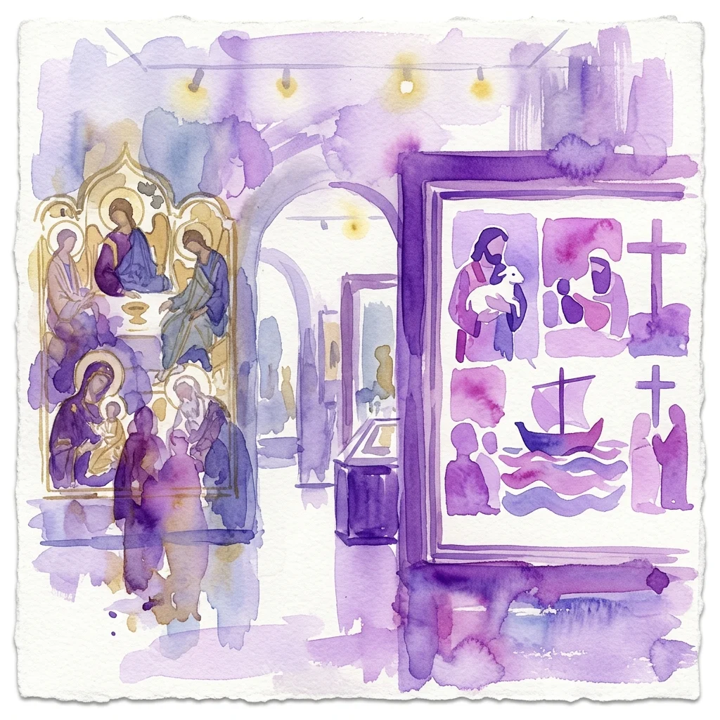 Una ilustración en acuarela de una exposición que compara íconos religiosos tradicionales del siglo XVII con ilustraciones bíblicas modernas de Kees de Kort, expuesta en una galería de museo con tonos púrpuras y dorados.