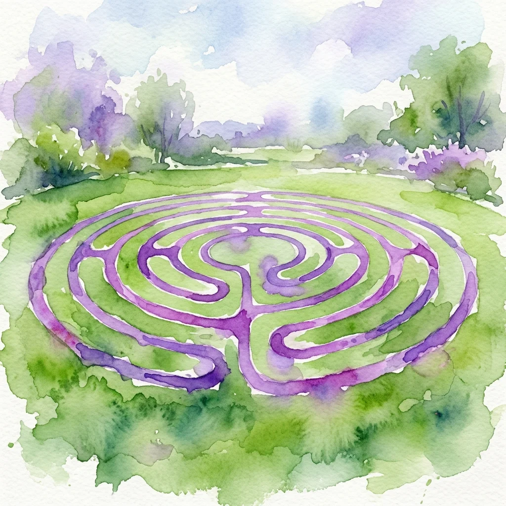 Una ilustración en acuarela de un laberinto circular sobre un césped verde, con senderos morados y árboles circundantes bajo un cielo suave.