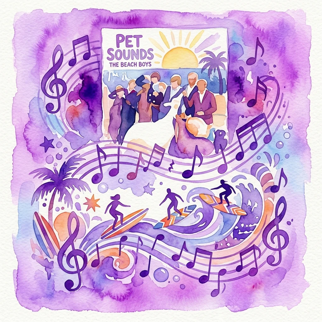 Pełna życia akwarelowa ilustracja okładki albumu The Beach Boys 'Pet Sounds', przedstawiająca surferów, nuty i tropikalny zachód słońca, upamiętniająca kultowy album z 1966 roku.
