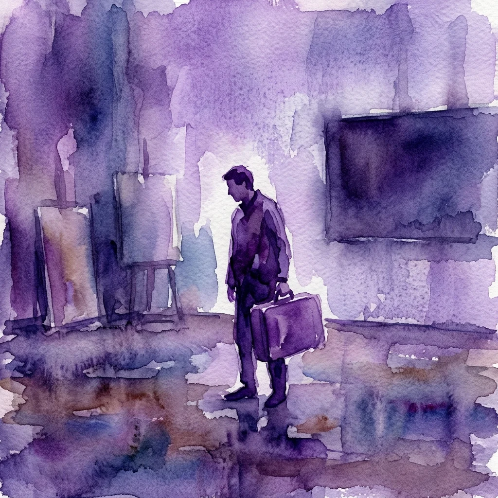 A watercolor painting of a man carrying a suitcase in a dimly lit studio, with an easel and artwork in the background, evoking a melancholic mood.