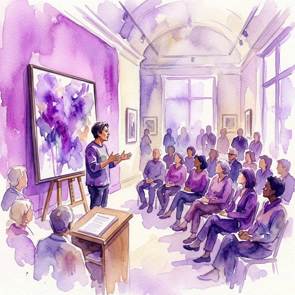 El artista Sam Drukker da una conferencia en una galería, de pie ante un gran cuadro abstracto sobre un caballete, con un público sentado y escuchando atentamente.