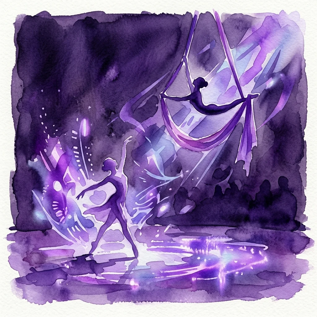 Ilustracja akwarelowa przedstawiająca spektakl taneczny zatytułowany 'LiCHT', z tancerzem i akrobatką powietrzną wchodzącymi w interakcję z projekcjami świetlnymi i odbiciami w ciemnej przestrzeni teatralnej o fioletowych odcieniach.
