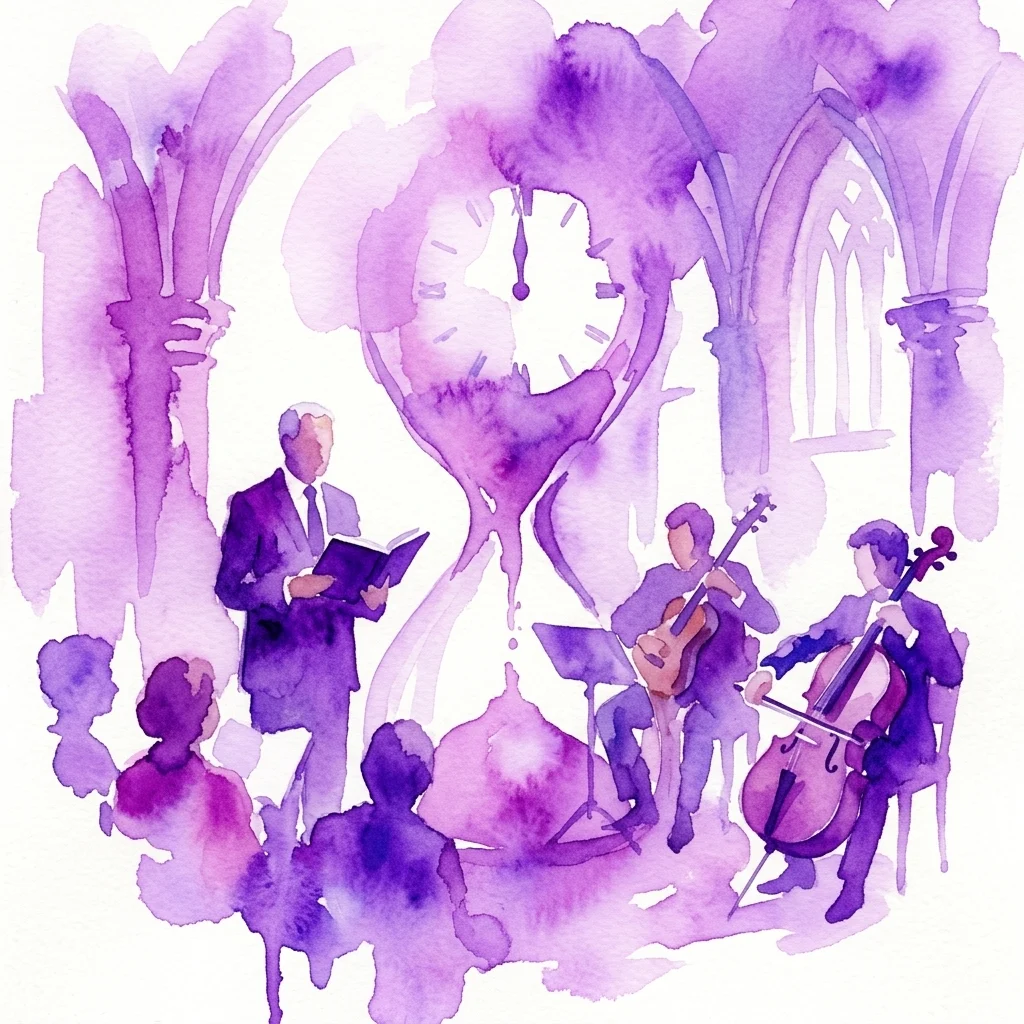 Een aquarelillustratie van een literair evenement in een kerk, met een spreker die voorleest uit een boek, musici die cello en gitaar spelen, en een zandloper die tijd en eeuwigheid symboliseert.