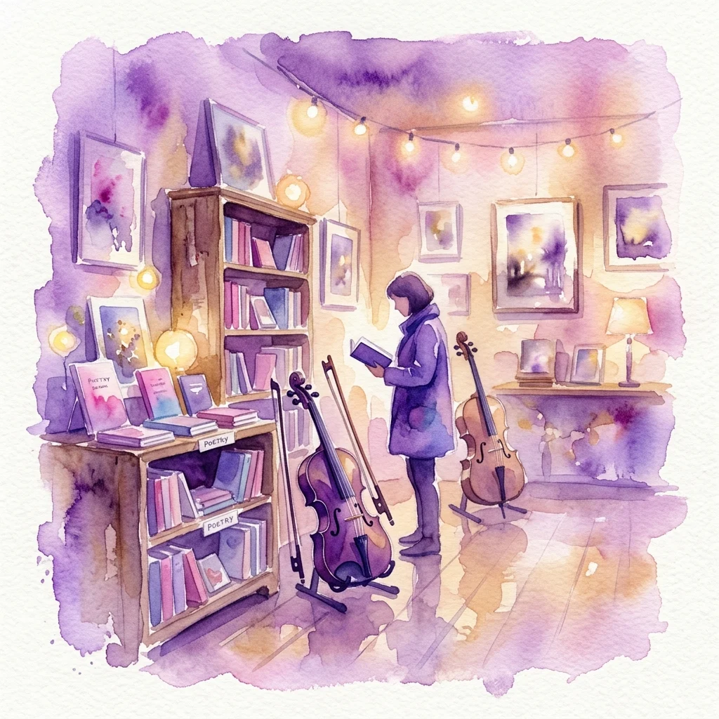 Una ilustración en acuarela de una acogedora sala de galería con iluminación suave, que presenta libros de poesía en estanterías, luces de cuerdas, obras de arte enmarcadas y violonchelos, evocando una atmósfera literaria y musical.