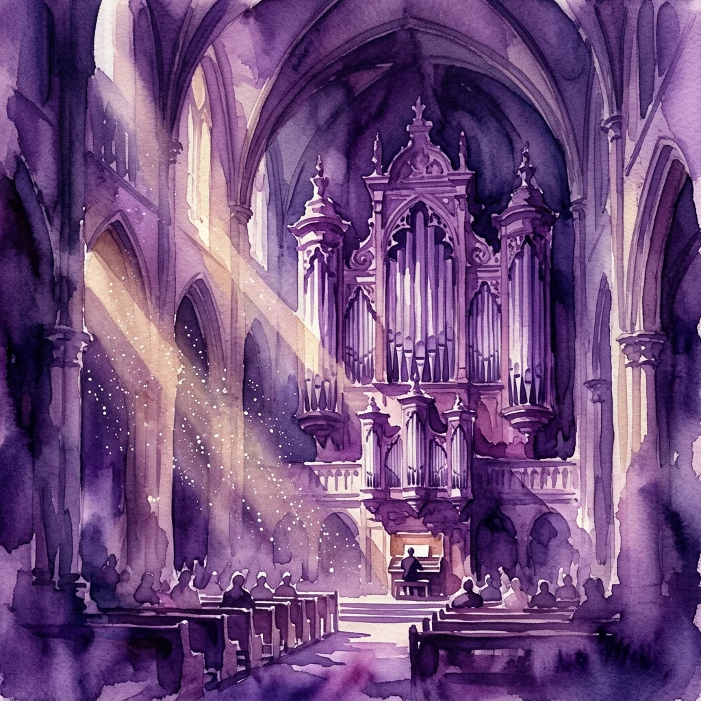 Ilustracja akwarelowa wspaniałych organów kościelnych w katedrze z łukowatymi sklepieniami, oświetlonych promieniami słońca, podczas występu muzyki klasycznej.