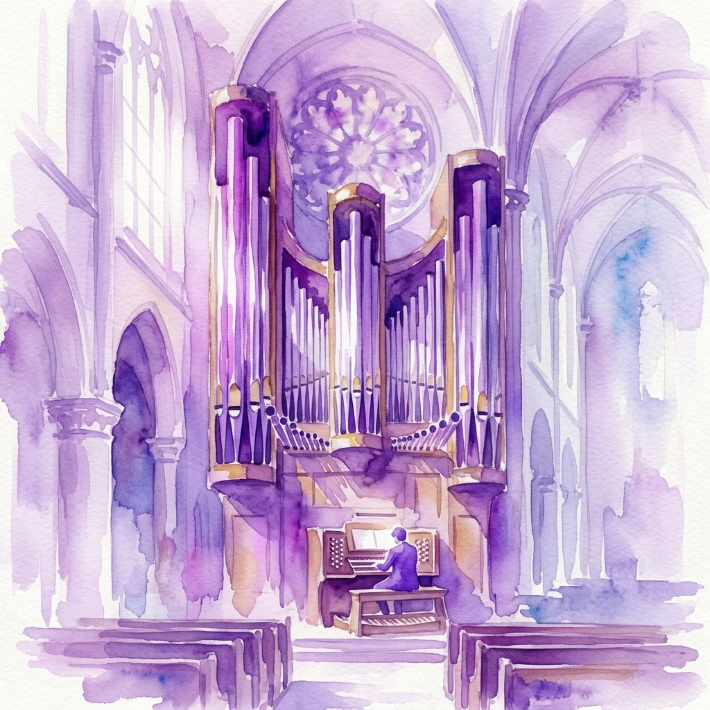 Ilustracja akwarelowa organów piszczałkowych w zabytkowym kościele, z grającym organistą w otoczeniu łagodnego fioletowego światła, przywołująca spokojną atmosferę koncertu.