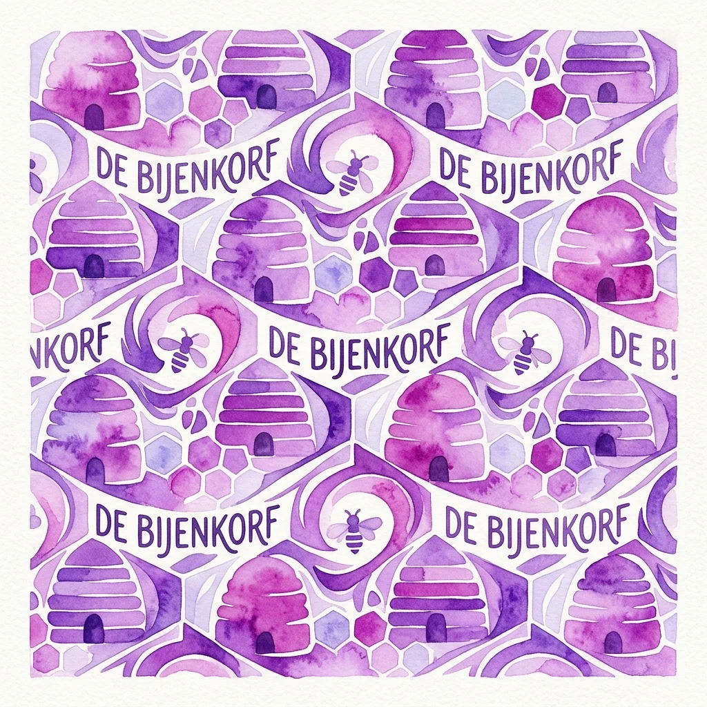 Un patrón de teselado púrpura de acuarela con colmenas y el texto 'DE BIJENKORF' integrado en el diseño, inspirado en las obras de arte de rompecabezas de palabras de M.C. Escher.