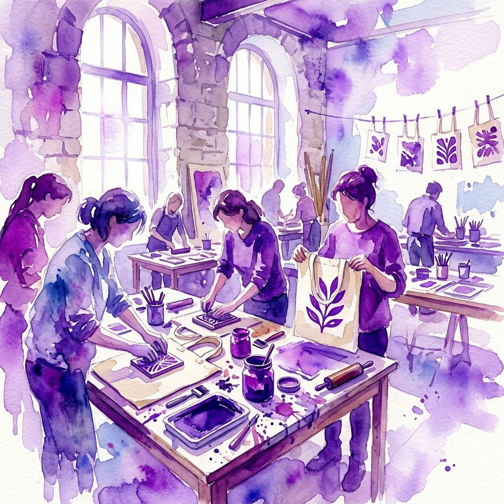 Participantes en un taller de museo creando grabados en linóleo y aplicándolos a bolsos de lona utilizando prensas y tinta.