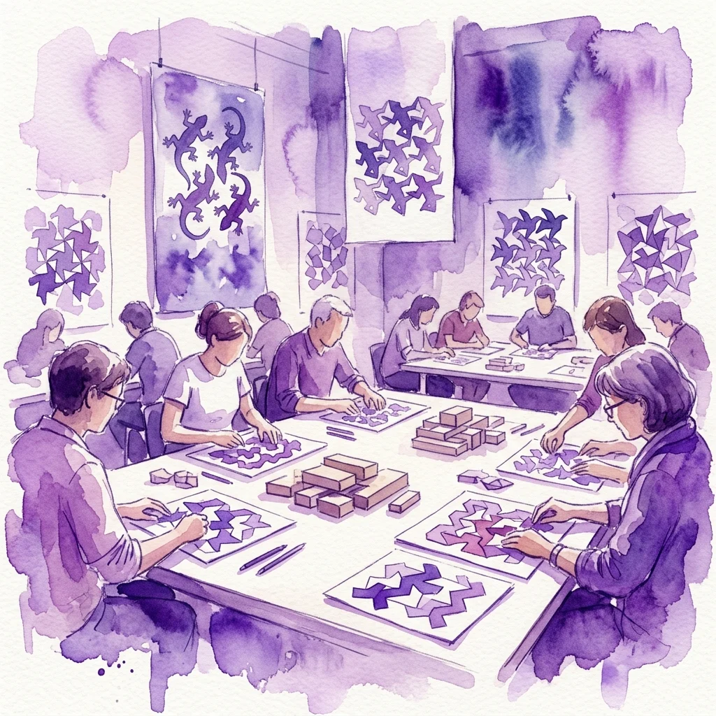 Participants in a museum workshop creating tessellating patterns inspired by M.C. Escher, with examples of geometric designs displayed on the walls.