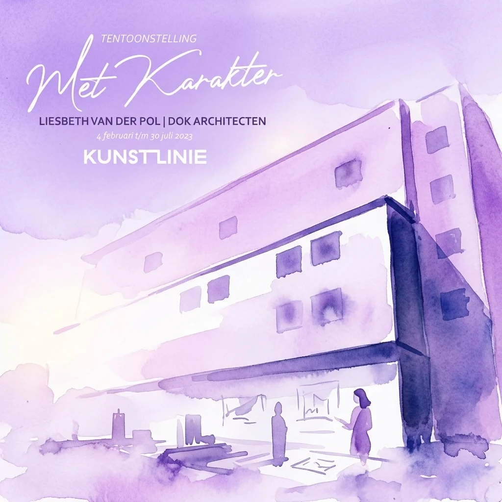 Waterverfillustratie van een architectenbureau met schetsen, maquettes en een figuur, ter promotie van de tentoonstelling 'Met Karakter' van Liesbeth van der Pol in Kunstlinie.