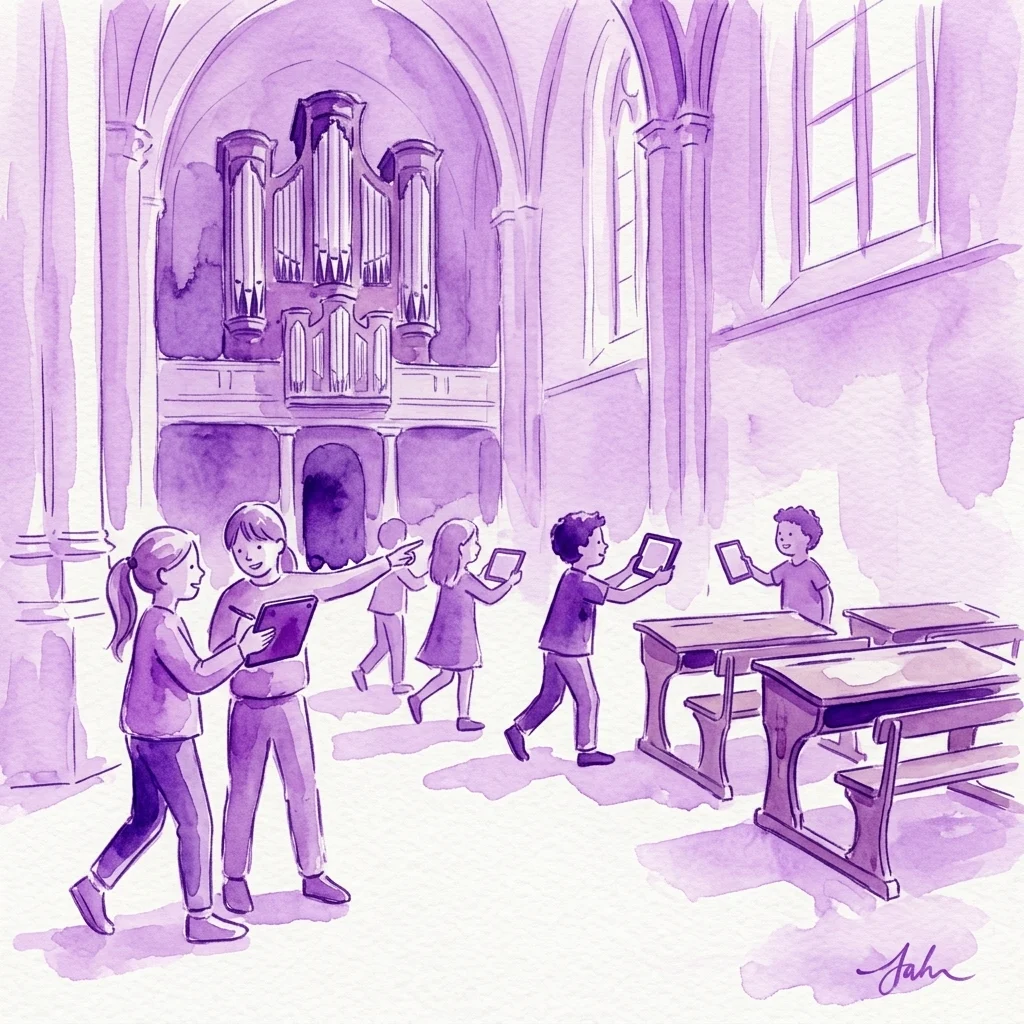 Basisschoolkinderen die met tablets een historisch gebouw met orgel en antieke schoolbanken verkennen, onderdeel van het Michaël's Time Travel educatieve programma bij Academiehuis.