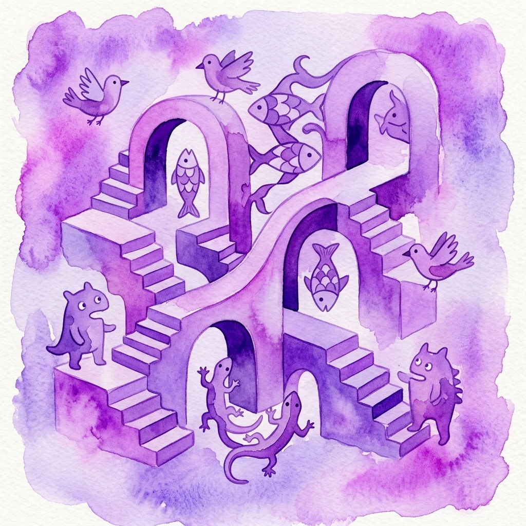 Een fantasierijke paarse aquarelillustratie geïnspireerd op M.C. Escher, met onmogelijke trappen, getegelde vogels en vissen, en speelse wezens in een fantasielandschap.